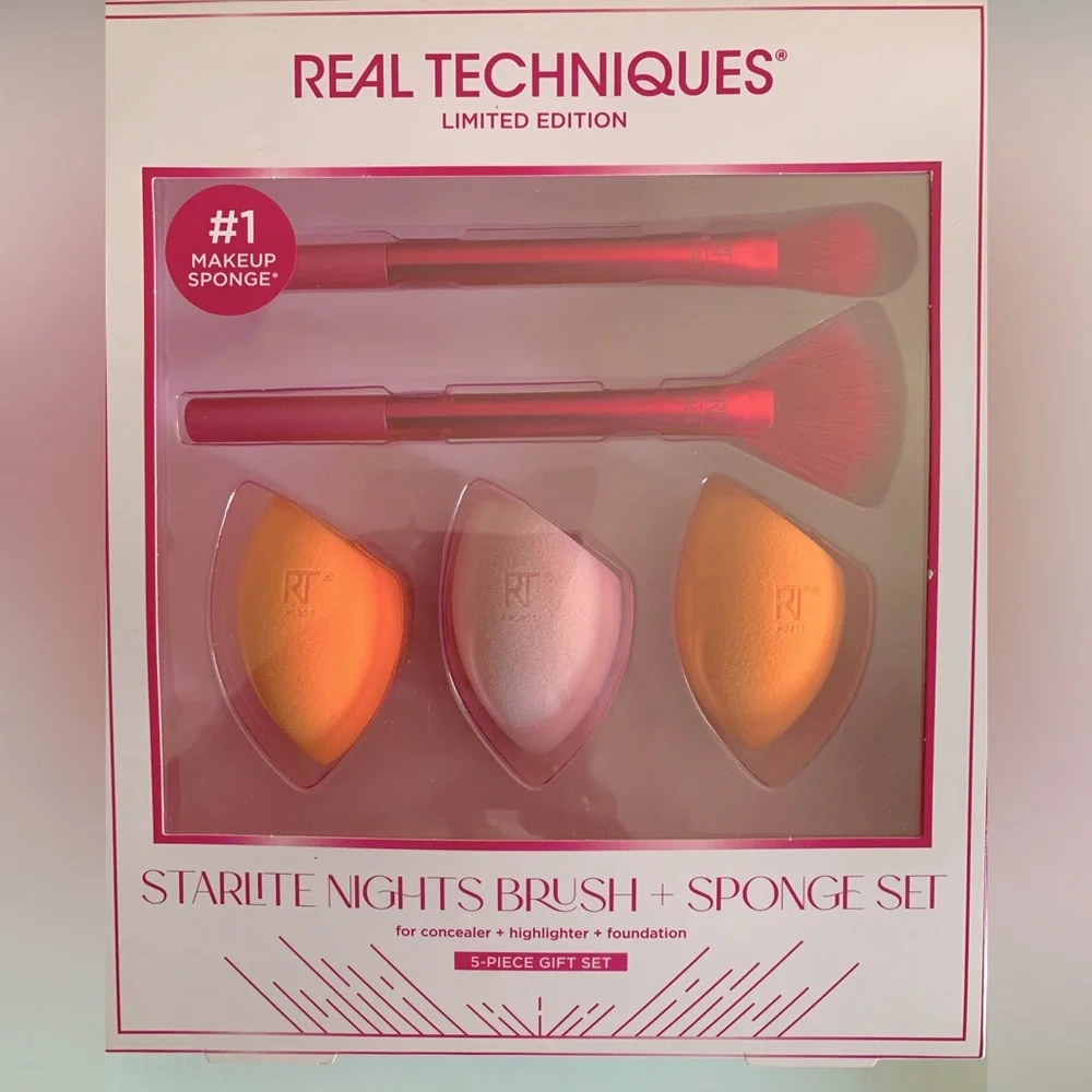 Real Techniques Starlight Nights Brush+Sponge Set for Concealer+Highlighter .